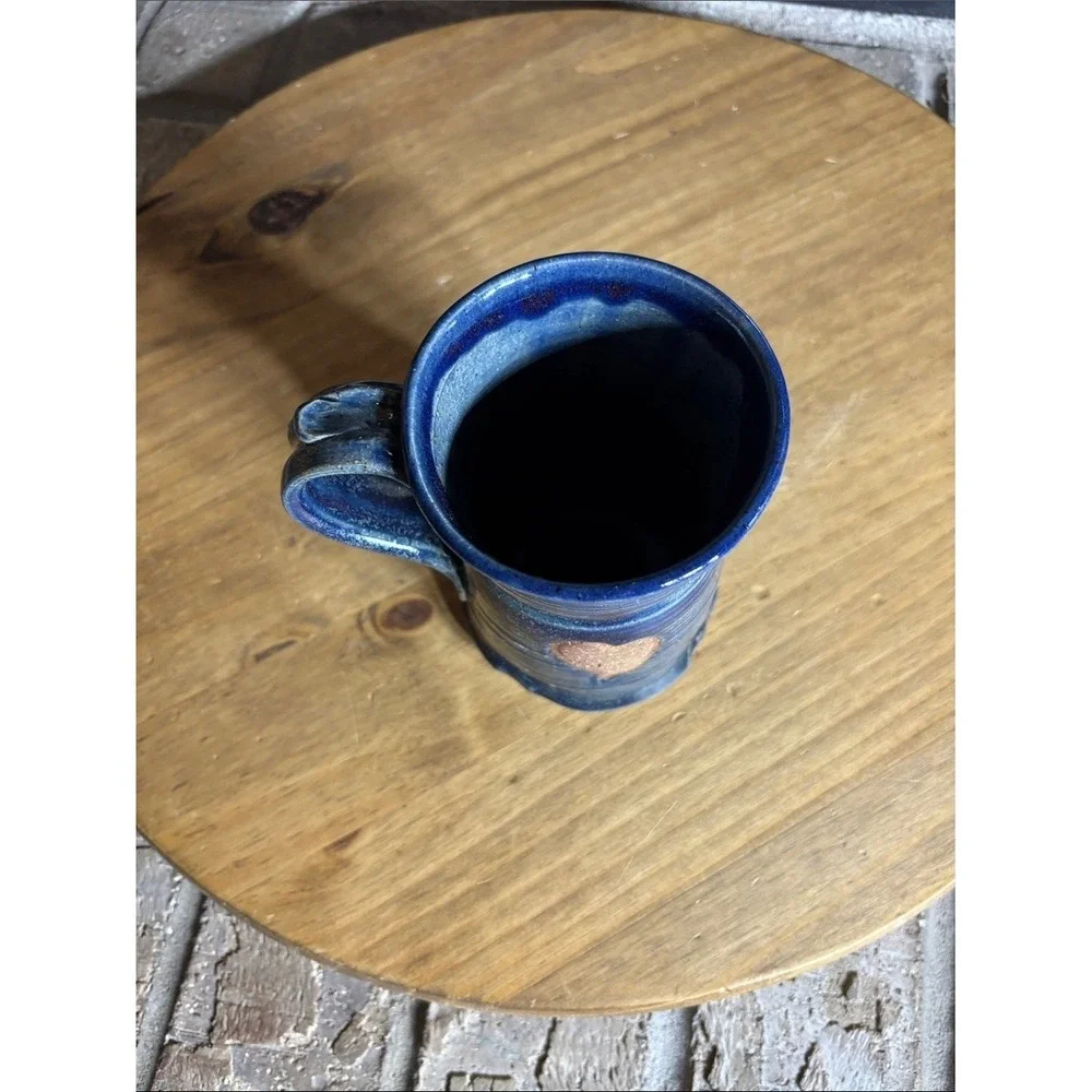 Vintage‎ Handmade Blue Stoneware Mug w/Heart Accent Signed GIFT Rustic Farmhouse